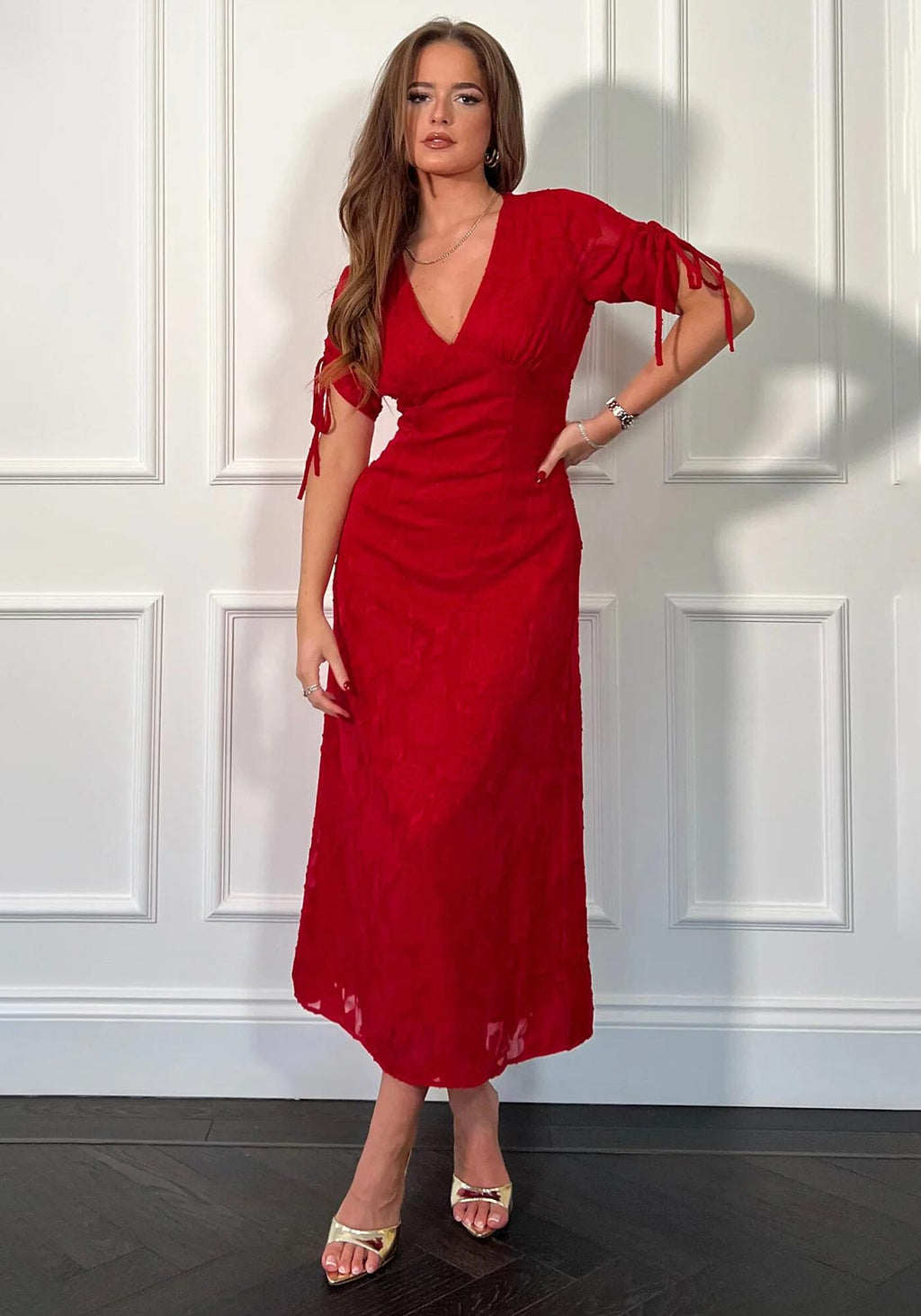 Girl In Mind Girl In Mind Emily Tie Sleeve Burnout Midi Dress, Red