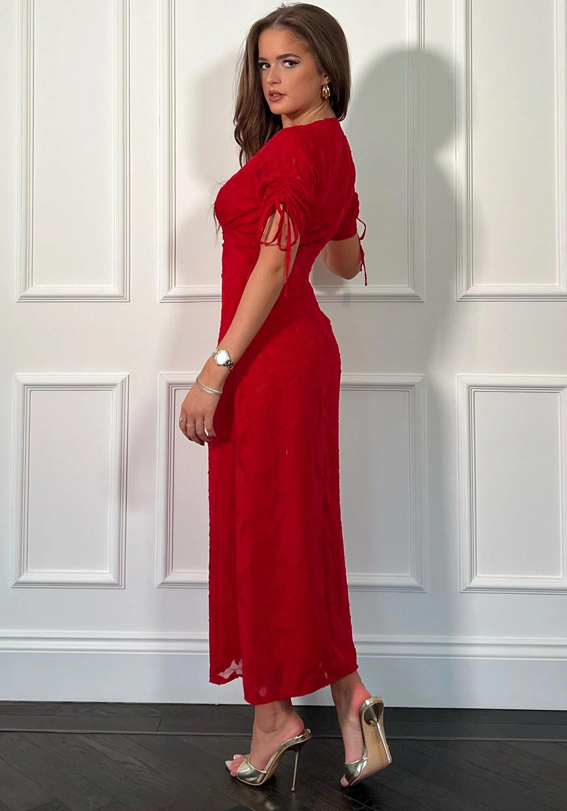 Girl In Mind Girl In Mind Emily Tie Sleeve Burnout Midi Dress, Red