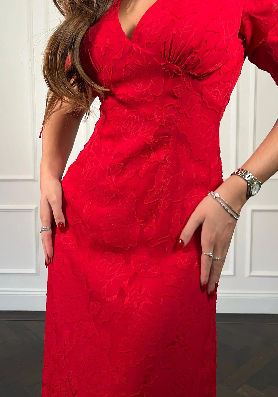 Girl In Mind Girl In Mind Emily Tie Sleeve Burnout Midi Dress, Red