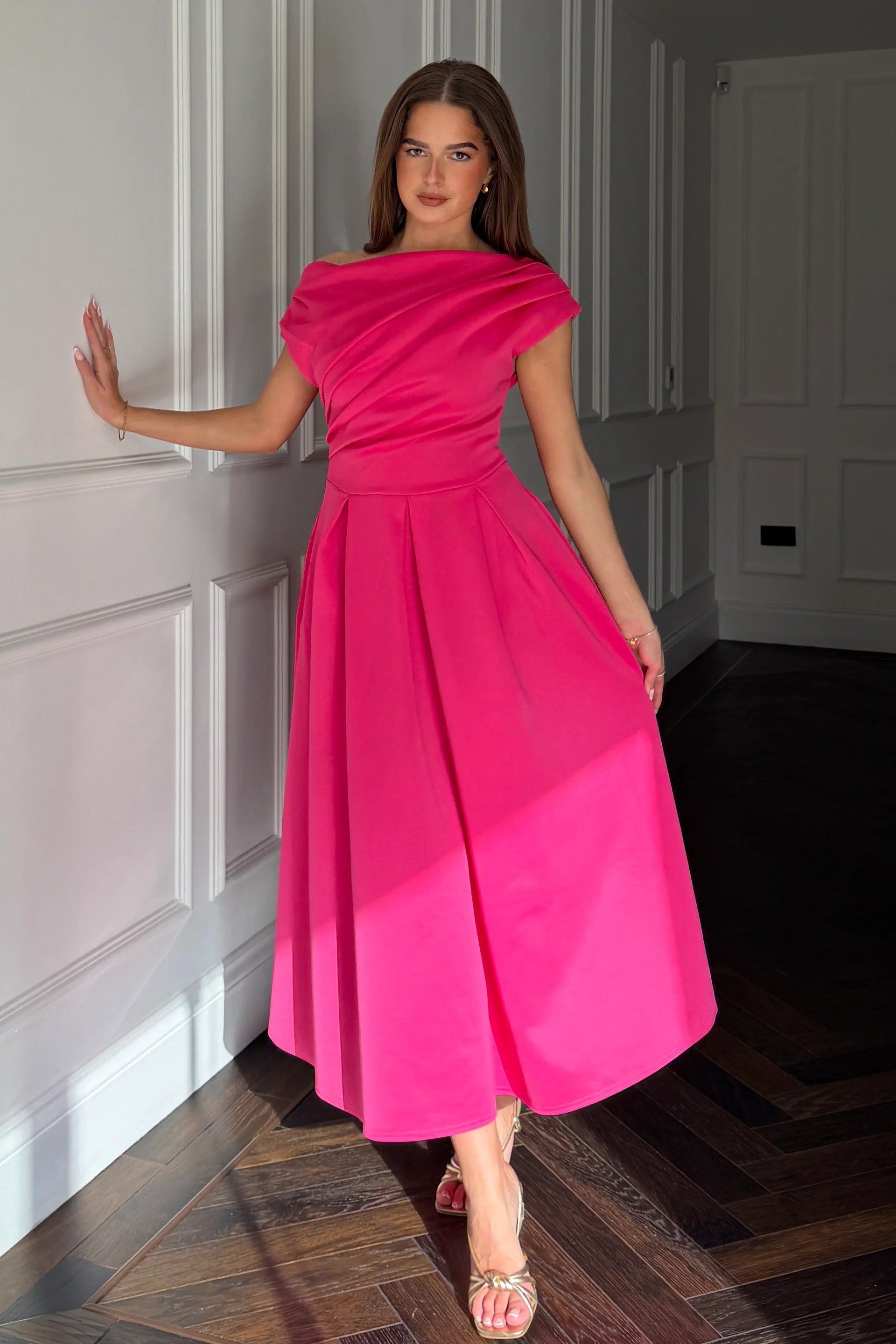 Betty Asymmetric Neckline Skater Midi Hot Pink    NEW STOCK