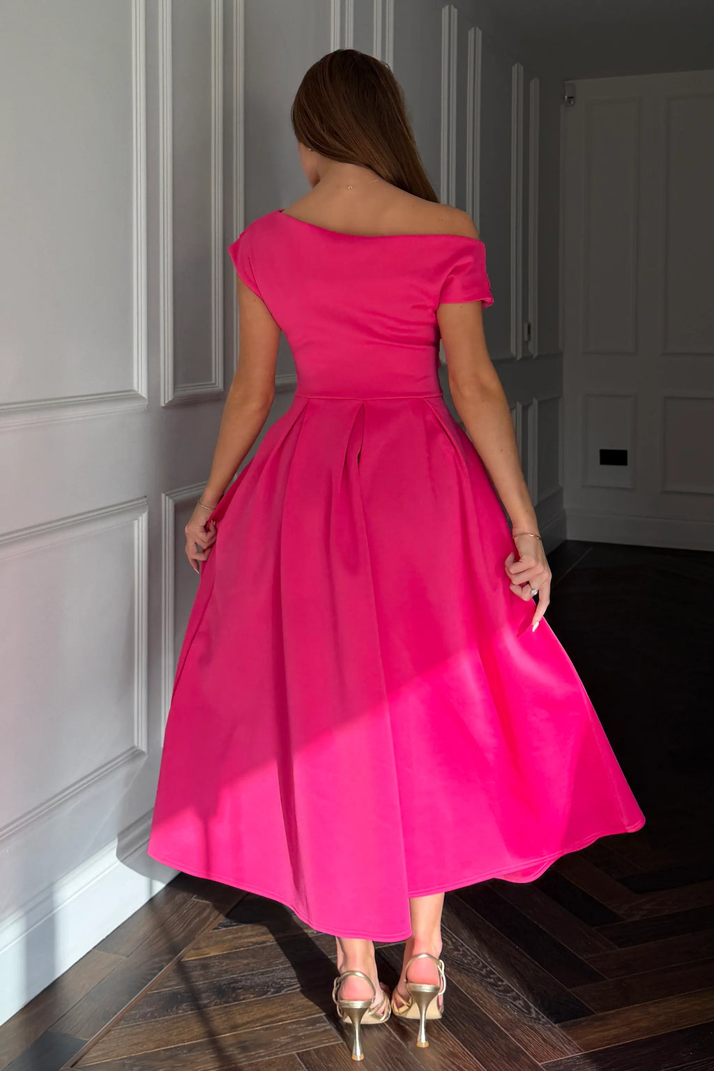 Betty Asymmetric Neckline Skater Midi Hot Pink    NEW STOCK