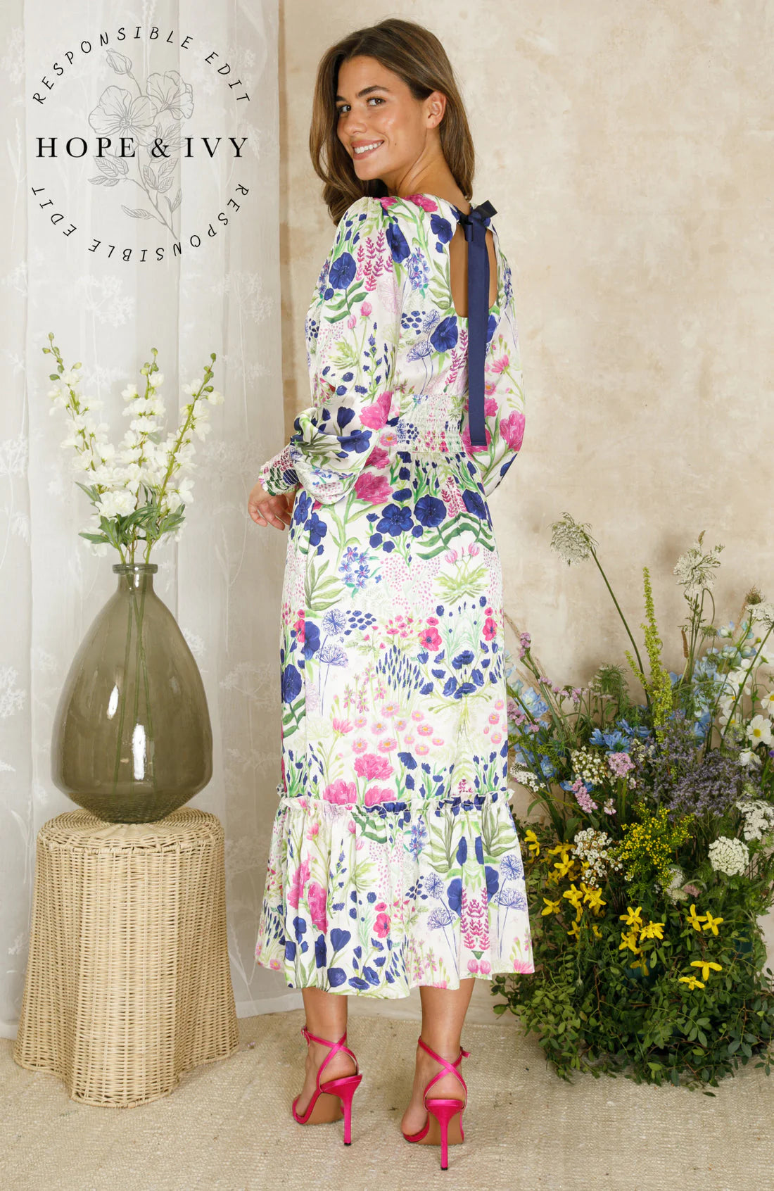 Hope & Ivy Cream & Floral High Neck Maxi Dress With Bow Back Detail - Caroline