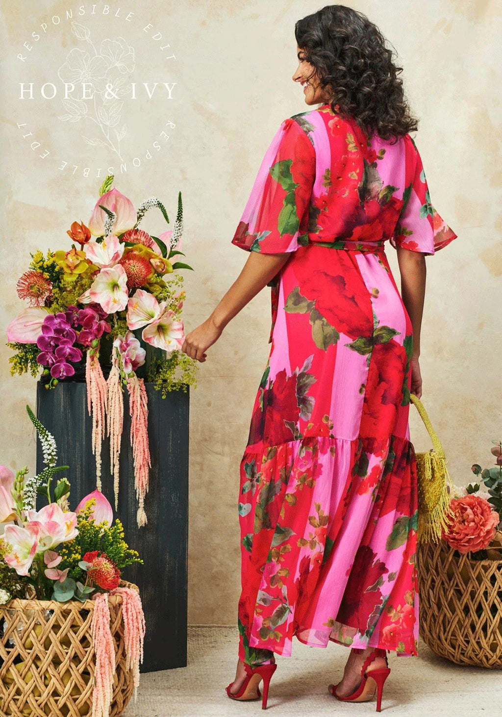 Hope & Ivy pink floral wrap dress
