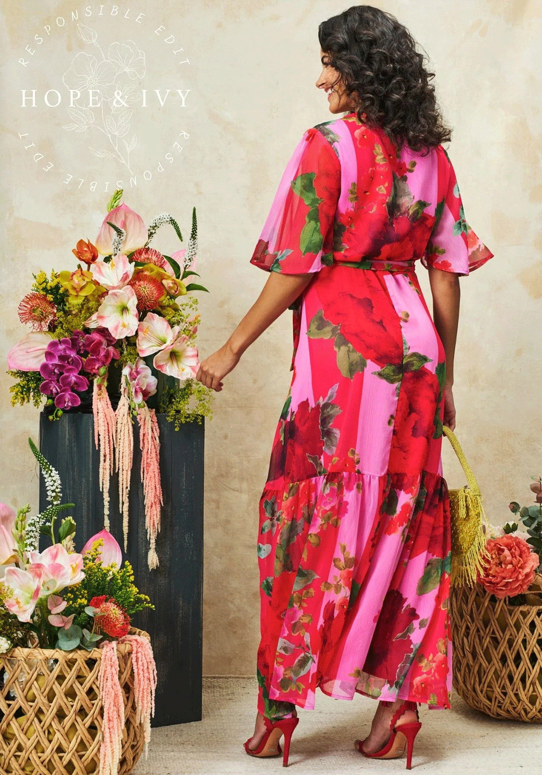Hope & Ivy pink floral wrap dress