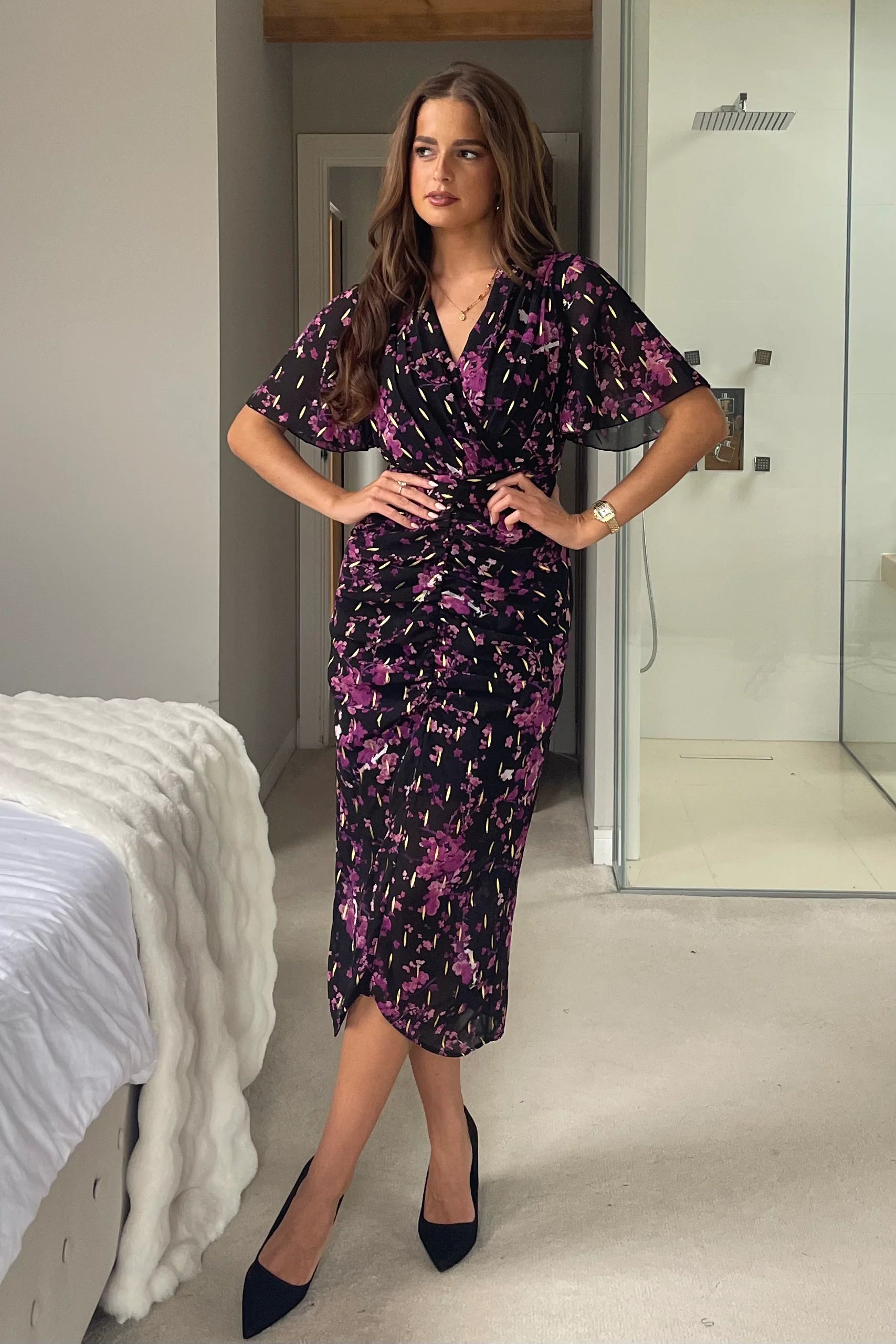 Blythe Foiled Floral Ruched Front Angel Sleeve Midi Dress