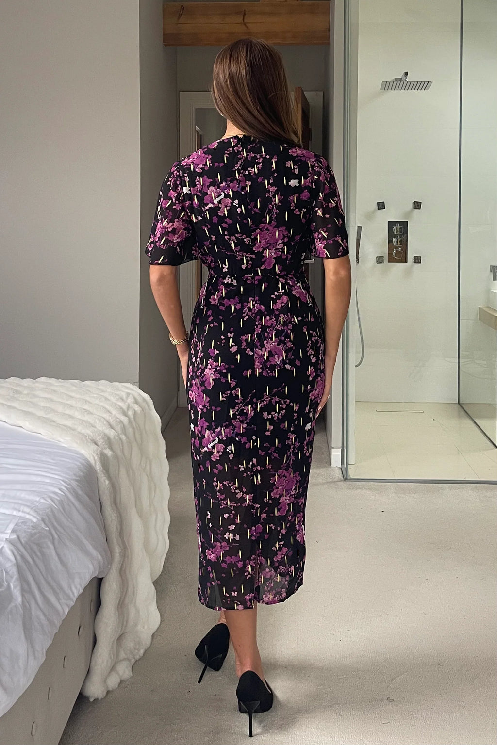 Blythe Foiled Floral Ruched Front Angel Sleeve Midi Dress